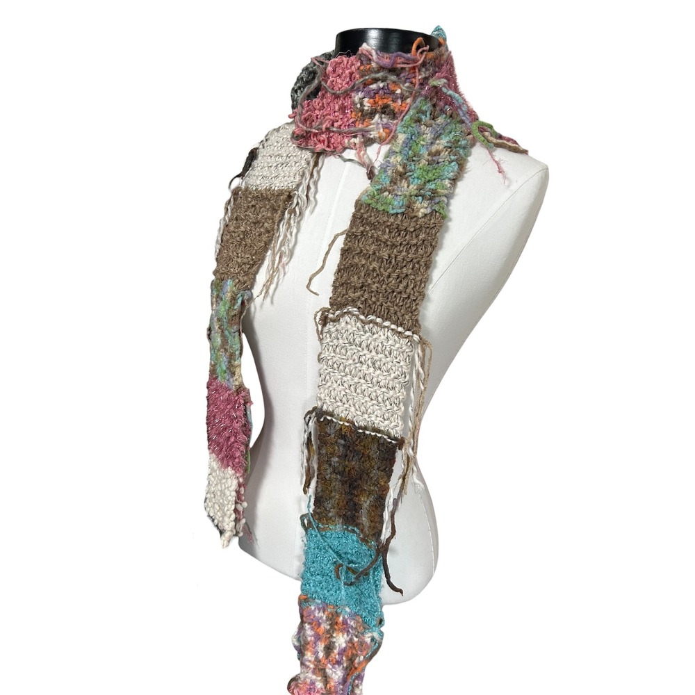 Y2K Mudd Womens Chunky Knit Patchwork Scarf Multi Color Boho Fringed Texture‎